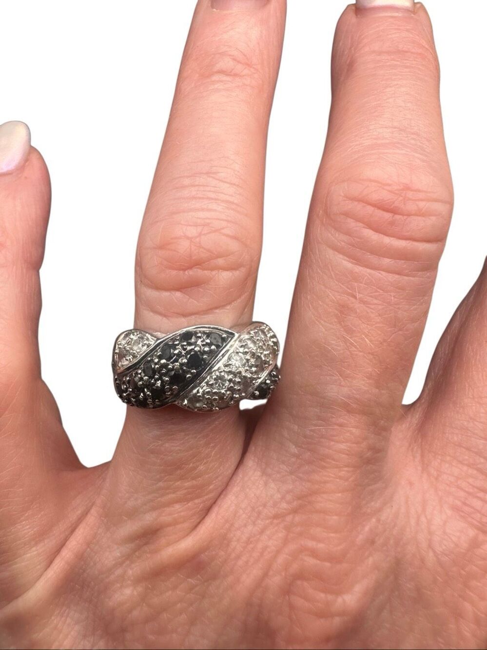 925 Sterling Silver Black & White Pave CZ Wide Crossover Statement Ring